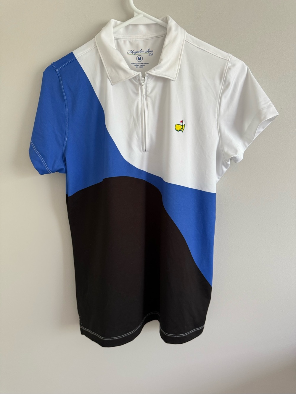 Ladies Masters Embroidered Flag Golf Polo in White, Blue & Black
